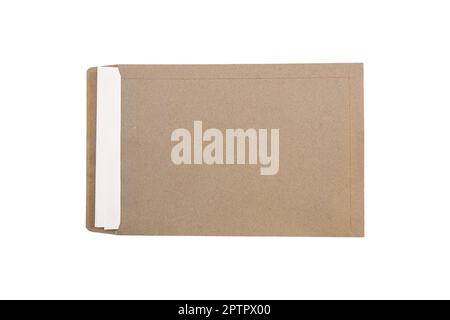 Empty white paper in brown envelope mockup Isolated on white background. Object with clipping path Stock Photo