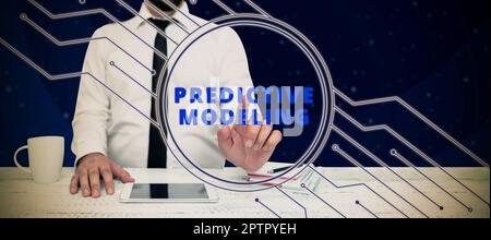 Text caption presenting Predictive Modeling, Business idea maintenance strategy driven by predictive analytics Stock Photo