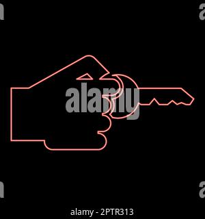 Neon hand holds key Concept opening Idea success Business access sign Unlock solution Passkey Rent Accessibility symbol red color vector illustration image flat style Stock Vector