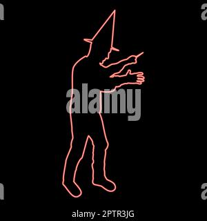 Neon wizard holds magic wand trick Waving Sorcery concept Magician Sorcerer Fantasy person Warlock man in robe with magical stick Witchcraft in hat mantle Mage conjure Mystery idea Enchantment red color vector illustration image flat style Stock Vector