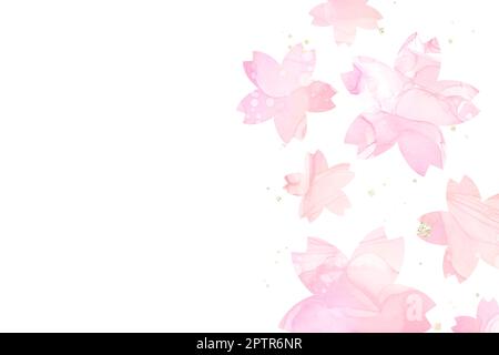 Alcohol ink art background for spring. Cherry blossoms with pink marbled pattern and gold glitter on white background. Natural template with space for Stock Photo