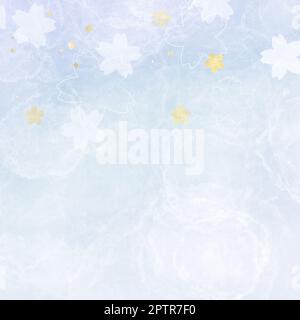 Cute light blue Japanese style square banner for spring. Cherry blossom flower pattern and golden confetti. Natural template with text space. Japanese Stock Photo