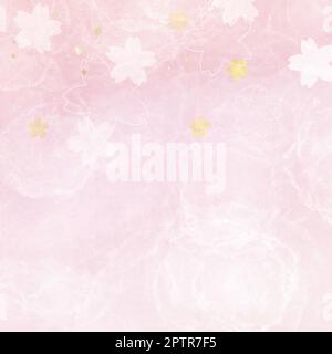 Cute pink Japanese style square banner for spring. Cherry blossom flower pattern and golden confetti.　　Natural template with text space. Japanese pape Stock Photo