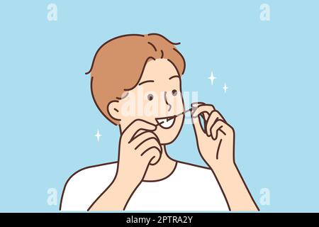 Smiling young man brushing teeth with dental floss. Happy guy take care clean tooth using thread. Oral care and dentistry. Vector illustration. Stock Photo