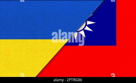 Flag of Ukraine and Taiwan - 3D illustration. Two Flags Together. National Symbols of Ukraine and Taiwan. flags of European and Asiatic country on fab Stock Photo