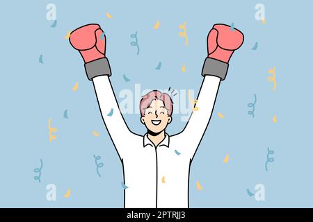 Overjoyed businessman in boxing gloves celebrate victory Stock Vector