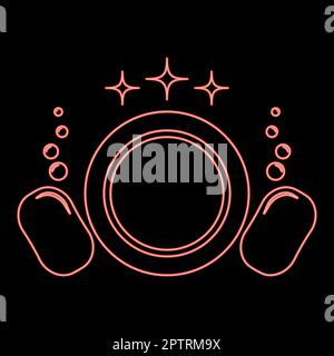 Neon dishwashing concept Clearing dishes Plate Washcloth Sponge Bubbles Clean kitchen idea red color vector illustration image flat style Stock Vector