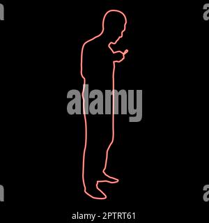 Neon man cleans teeth Male brushing Toothbrush hold in hand arm Taking care health Oral hygiene Healthy lifestyle concept Morning routine Dentalcare red color vector illustration image flat style Stock Vector