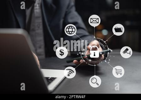 Cybersecurity and privacy to protect data lock icon and internet network security technology information digital marketing, Financial and banking, big Stock Photo