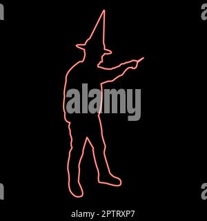 Neon wizard holds magic wand trick Waving Sorcery concept Magician Sorcerer Fantasy person Warlock man in robe with magical stick Witchcraft in hat mantle Mage conjure Mystery idea Enchantment red color vector illustration image flat style Stock Vector