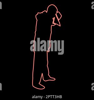 Neon man is blow one's nose into handkerchief tissue paper Cough Rhinitis Allergies concept Sneezing Runny nose Snot highlighted Male smoky blowing orcue Hay fever red color vector illustration image flat style Stock Vector