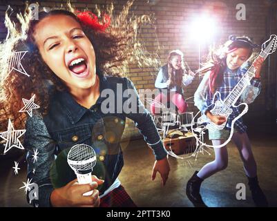 Shes a rockstar in the making. children singing and playing rock music on imaginary instruments. Stock Photo