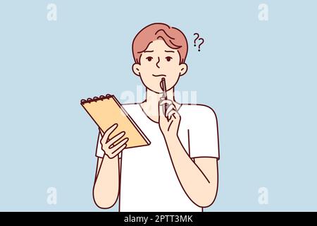 Thoughtful man with notebook puts pen to face while thinking about difficult task. Vector image Stock Vector