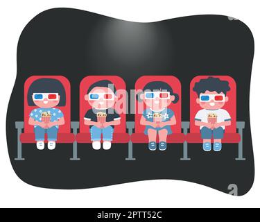 Children watch movie in a cinema. Boys and girls with pop-corn sit in red chairs. Vector illustration Stock Vector