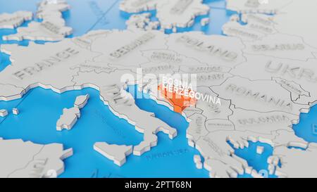 Bosnia and Herzegovina highlighted on a white simplified 3D world map. Digital 3D render. Stock Photo