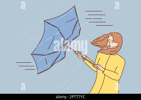 Scared young woman in umbrella in rain Stock Vector