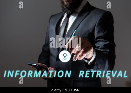 Handwriting text Information Retrieval, Business approach A place where data are stored and can be found Stock Photo