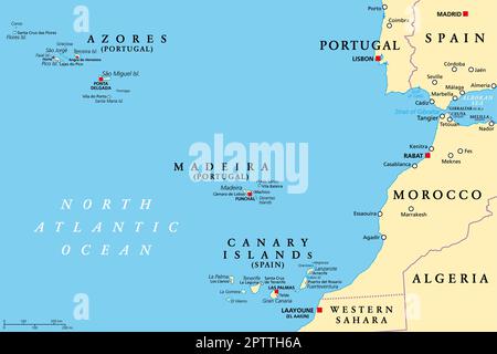 Azores, Madeira, and Canary Islands, autonomous regions, political map Stock Vector