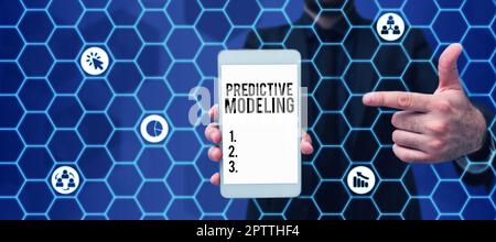 Text caption presenting Predictive Modeling, Business overview maintenance strategy driven by predictive analytics Stock Photo