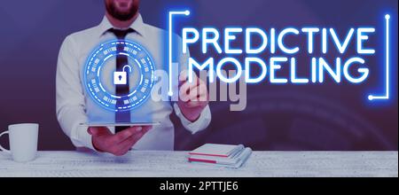 Hand writing sign Predictive Modeling, Word for maintenance strategy driven by predictive analytics Stock Photo