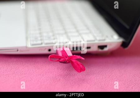 A brilliant pink USB flash drive with a pink bow is connected to a white laptop, which lies on a blanket of soft and fluffy light pink fleece fabric. Stock Photo