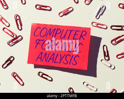 Text caption presenting Computer Forensic Analysis, Internet Concept evidence found in computers and storage media Stock Photo