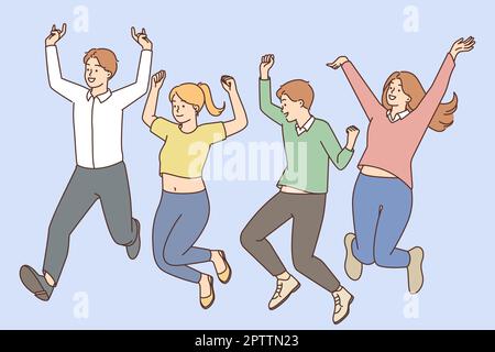 Overjoyed young people jump celebrate success Stock Vector