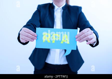 Hand writing sign Rpa, Word for robotic process automation form business process automation technology Stock Photo