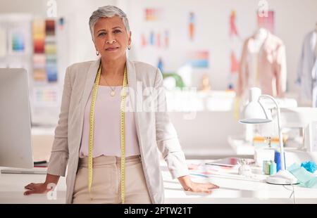 Fashion, designer and creative with portrait of business woman in workshop studio for tailor, management and textile industry. Factory, boutique and r Stock Photo