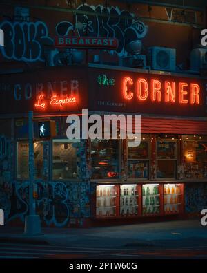 La Esquina 'The Corner' neon signs at night in Soho, Manhattan, New York Stock Photo