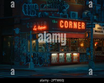 La Esquina 'The Corner' neon signs at night in Soho, Manhattan, New York Stock Photo