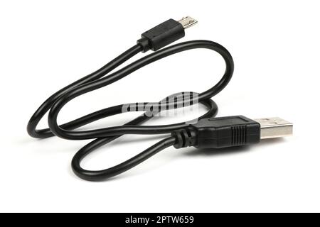 USB Cable for mikrocut. Black USB cable for charging a smartphone isolated on white. Side view. High resolution photo. Full depth of field. Stock Photo