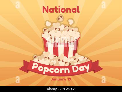 National Popcorn Day on January 19th with a Big Box of Red and White Stripe in Flat Cartoon Background Hand Drawn Templates Illustration Stock Photo