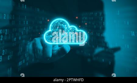 Cloud computing diagram technology. Data storage. Networking and internet service concept.Businessman touching cloud icon virtual. Stock Photo