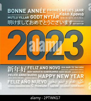 Happy new year 2023 greetings card from the world in different languages Stock Photo