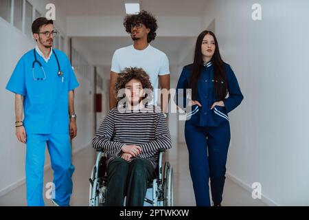 Two doctors and a nurse walking down a hospital hallway, pushing a patient in a wheelchair. The medical professionals providing care and attention to Stock Photo