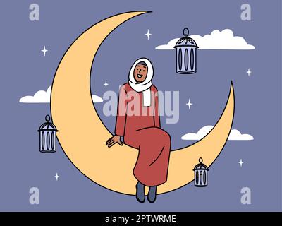 Smiling muslim woman sitting on moon celebrate Ramadan Kareem. Happy female in hijab greeting Ramadan. Culture and religion. Vector illustration. Stock Photo