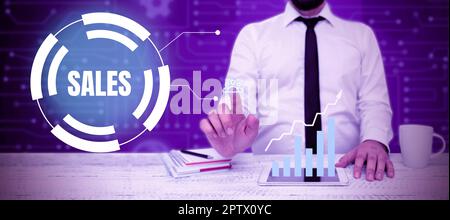 Text caption presenting Sales, Business idea exchange of commodity for money Action of selling something Service Stock Photo