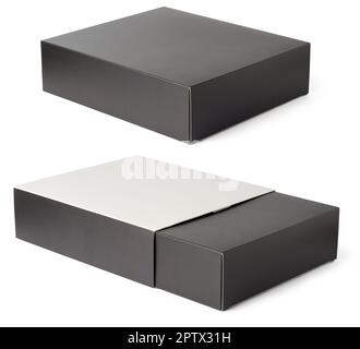 set of black carton box with white cover, mockup template of cardboard packages isolated on white background Stock Photo