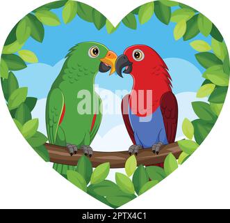Cartoon Parrots Lovely Couple on Tree Branch Stock Vector