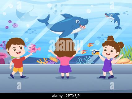 Aquarium Template Hand Drawn Cartoon Flat Illustration with Kids Looking at Underwater Fish, Sea Animals Variety, Marine Flora and Fauna Stock Vector