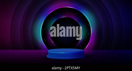 illustration of 3d rendering abstract podium circle tunneling lights for ecommerce signs retail shopping, advertisement business agency, ads campaign marketing, backdrops space, landing pages, header Stock Vector