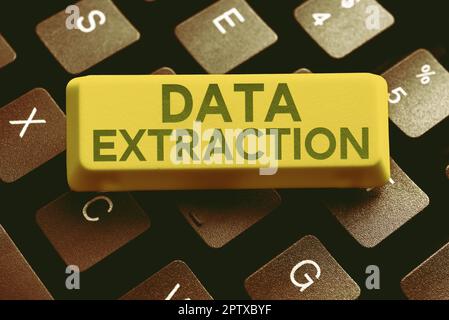 Hand writing sign Data Extraction, Word Written on act or process of retrieving data out of data sources Stock Photo