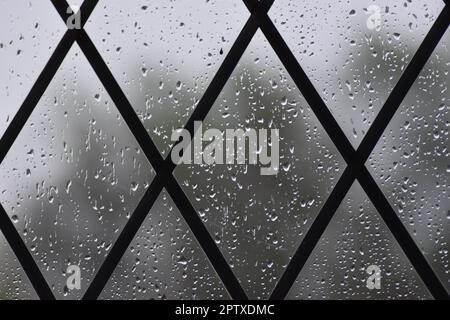 Raindrops on a leaded window pane. Stock Photo