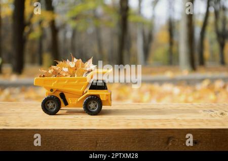 A small toy yellow truck is loaded with yellow fallen leaves. The car stands on a wooden surface against a background of a blurry autumn park. Cleanin Stock Photo