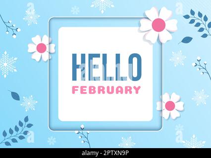 Hello February Month with Flowers, Hearts, Leaves and Cute Lettering for Decoration Background in Flat Cartoon Hand Drawn Templates Illustration Stock Photo