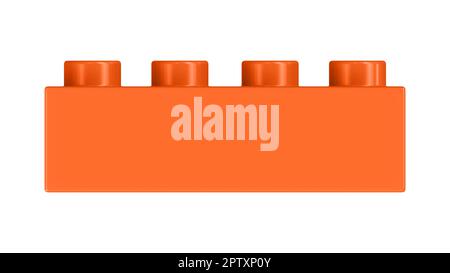 Bright Orange Lego Block Isolated on a White Background. Close Up View of a Plastic Children Game Brick for Constructors, Front View. High Quality 3D Rendering with a Work Path. 8K Ultra HD, 7680x4320 Stock Photo