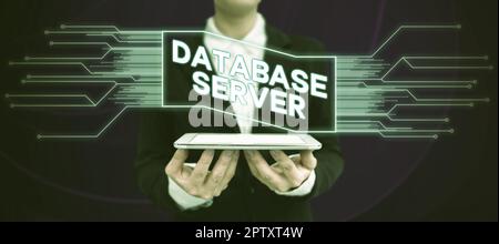 Conceptual caption Database Server, Word for uses a database application that provides database services Stock Photo