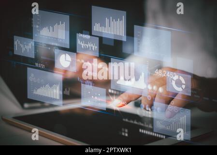 Business intelligence dashboard Big data diagram graph analysis and strategy virtual screen. Business analyzing economic and investment finance and ma Stock Photo