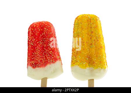 Assortment of fruit sweet popsicles isolated on a white background, summer dessert ice creams, ice lollies, colorful candy Stock Photo